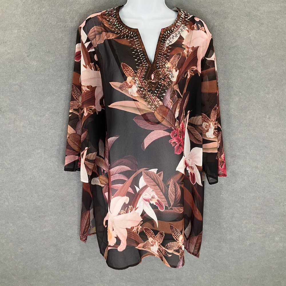Chico's Top Womens Sz 2 Large Beaded Floral Print Sheer Tunic‎ Top Kimono Sleeve